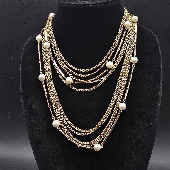 Unknown Jewelry - Gold Tone Layered Chain Necklace Faux Pearl Accents Vintage Jewelry